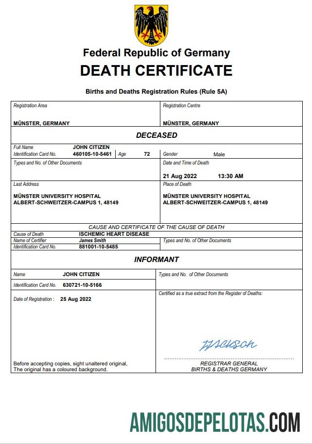 Realista modelo Word e PDF de certidão de óbito da Alemanha